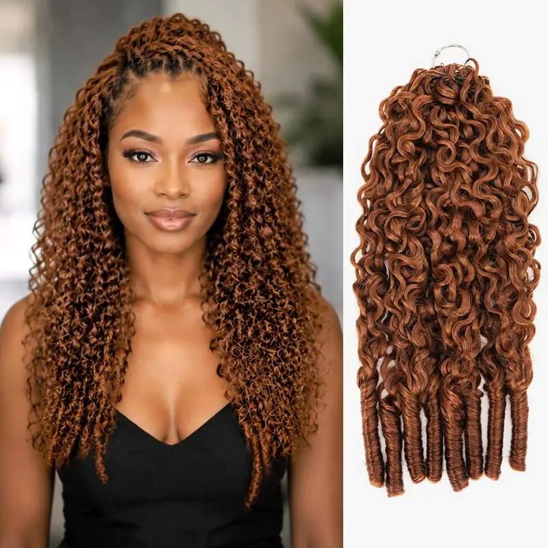 QVR Burmese Curly Crochet Human Hair Extensions for Women, Weave Pieces in Auburn Brown #30 with Highlight #p4/30 Miracle Knots, Human Hair Pieces