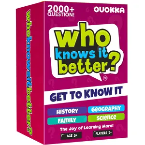 QUOKKA 4-Set Trivia Card Game "Who Knows Better?" - Assorted Sets with Card Deck Box, History, Geography, Science Questions for Family Fun Learning & Education, Assorted Card Sets