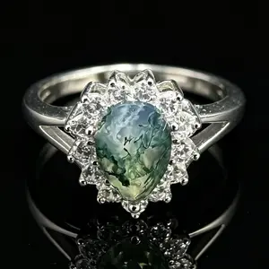 Pear Cut Moss Agate 925 Silver Adjustable Ring with Halo