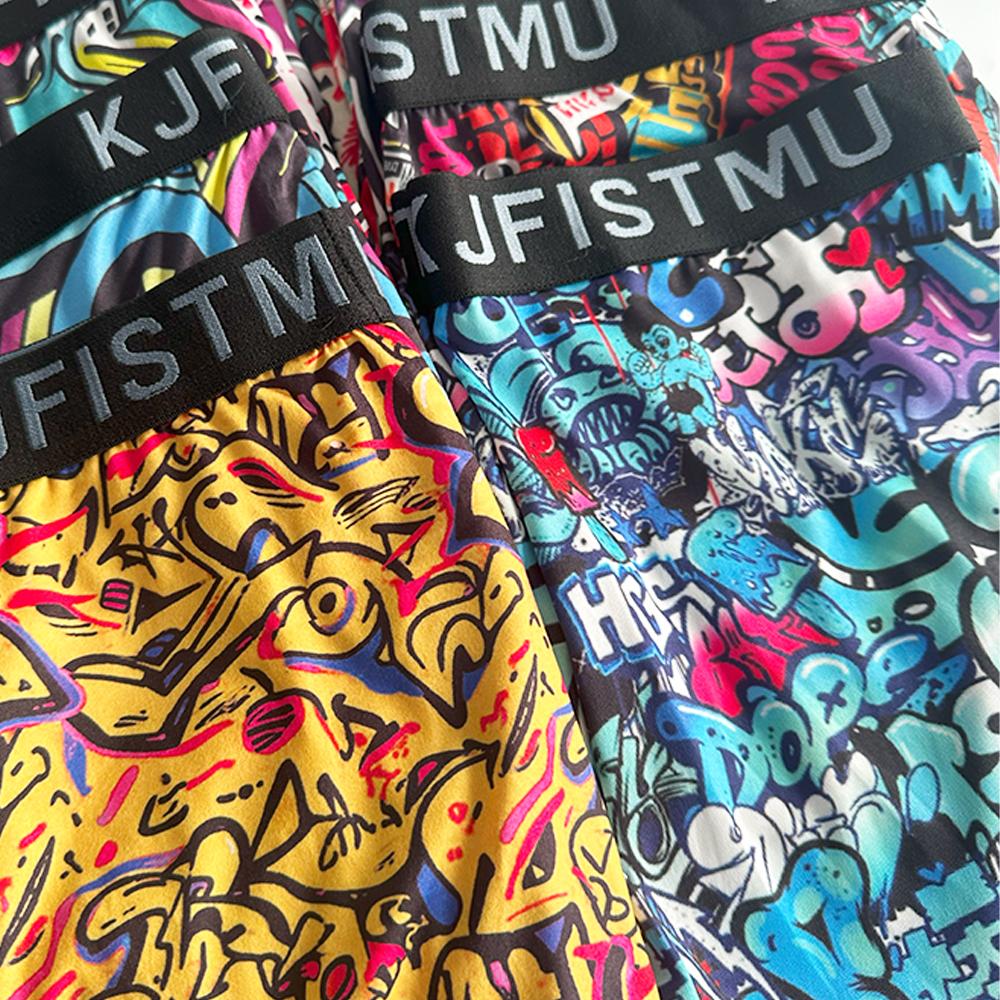 KJFISTMU 12-piece set of men's boxer briefs with stylish printed patterns, long-length men's boxer briefs, soft and breathable, trendy graffiti sports underwear, men's underwear, cycling shorts Men's Clothing Set Fabric Menswear