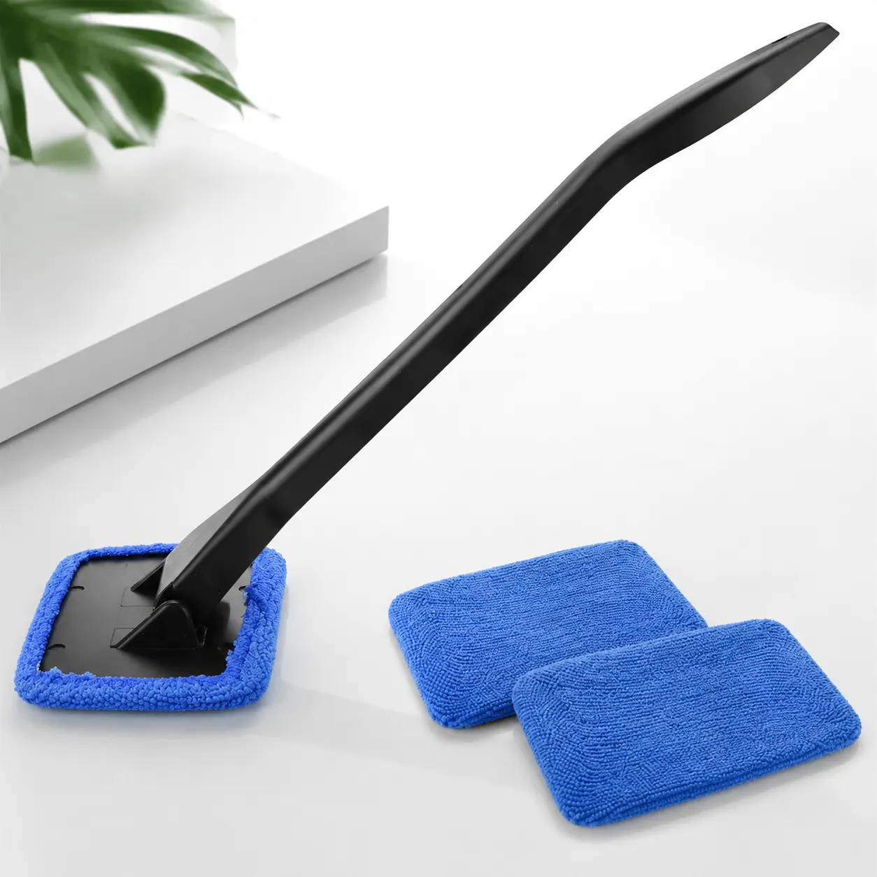 Windshield Cleaning Wand – Car Window & Interior Cleaner | 3-Piece Kit with Reusable Microfiber Pads & Brush (Blue)