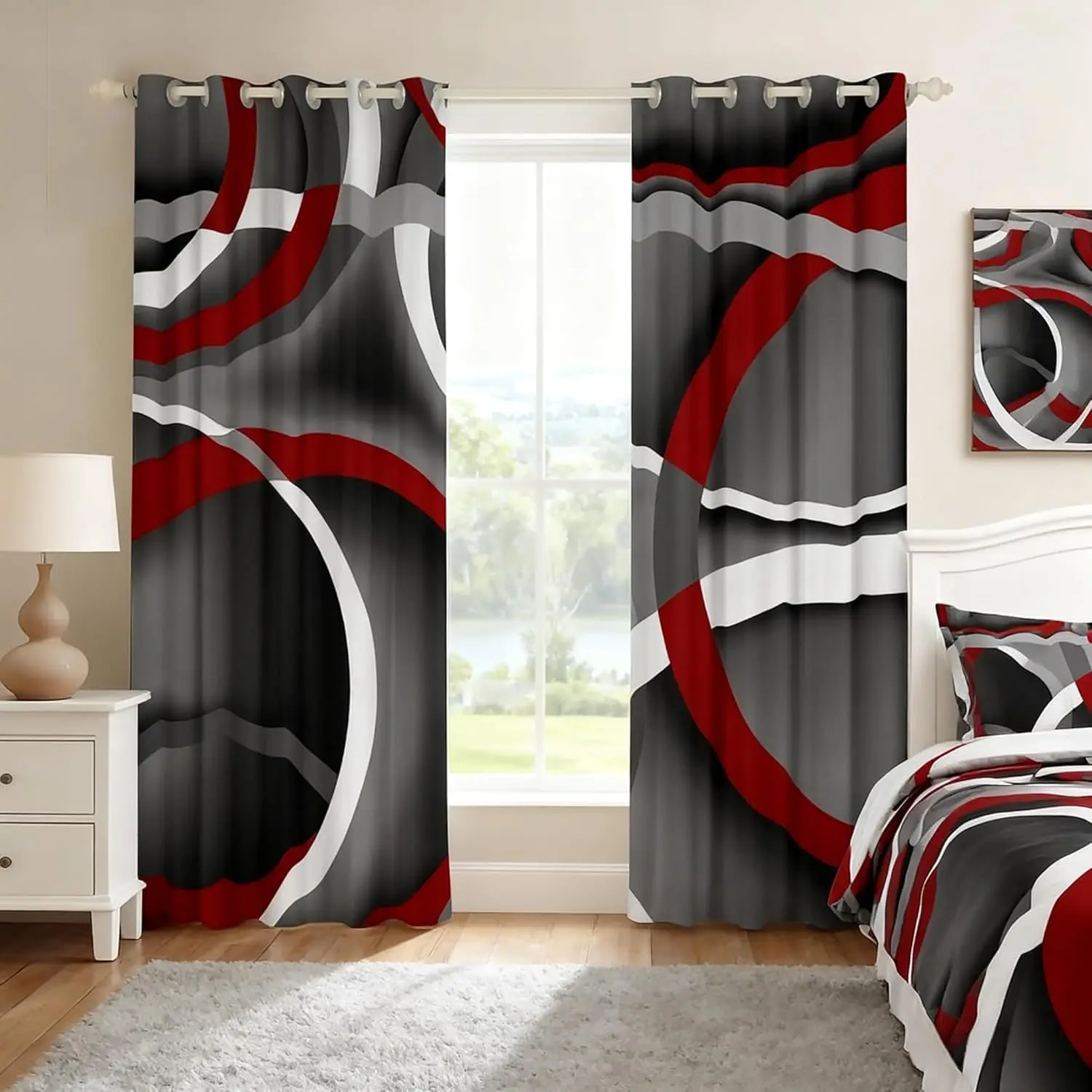 Feelyou Art Style Printed Velvet Privacy Grommet Curtains - 2 Panels, Colorful All-Over Abstract Design, Red Black Grey White Circles, Modern Stripes, Multi-Size Sunlight-Blocking Window Treatment, Art Style Curtains