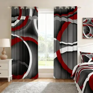 Red Black Grey White Geometric Curtains,Abstract Circles Swirls Window Treatment,Modern Stripes Lines Printed Window Drapes 2 Panels