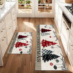 2Pcs Christmas And New Year Printed Kitchen Rug Simple Christmas Tree Mat Set Farmhouse Kitchen Carpet Restaurant Floor Laundry Room Decoration Carpet Mat Home Decorative Rug