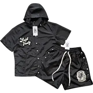 Saint Vanity Embroidered Short Sleeve Hooded Windbreaker - Casual Sporty Lightweight Jacket for Men & Women,Streetwear Outerwear Coats Menswear western clothing old money outfits leather jacket Tops Beige Shortsleeve Tropical