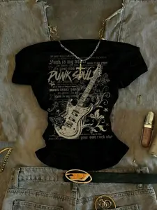 Women's Graphic Guitar Tee, Sexy Fitted Short Sleeve Top, Casual All-Season Wear, Comfortable Everyday