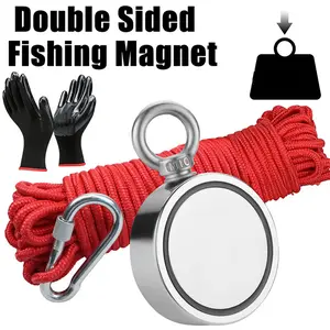 Magnet Fishing Kit with 1.89inch Diameter Pull Force Double Sided Neodymium N52 Magnet Rope & Gloves for Treasure Hunting Strong Magnetic Bits