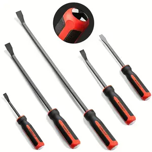 5-piece heavy-duty pry bar set with enhanced strike caps, ideal mechanic tools for automotive work, demolition, nail removal, and crowbar use