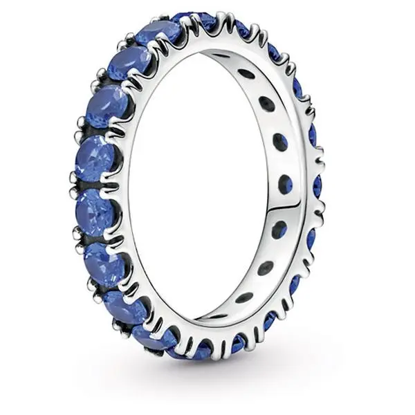 Pandora Classic Hand-Finished Sparkling Row Eternity Ring, Silver Band Inlaid with Lab Created Stones, Daily Wear Jewelry Accessory, 190050C02-52, Princess Blue, Sparkling Blue Crystals, Adults, Unisex, Sparkly Silver Rings