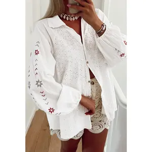 Women's White Floral Embroidered Puff Sleeve Eyelet Patchwork Shirt