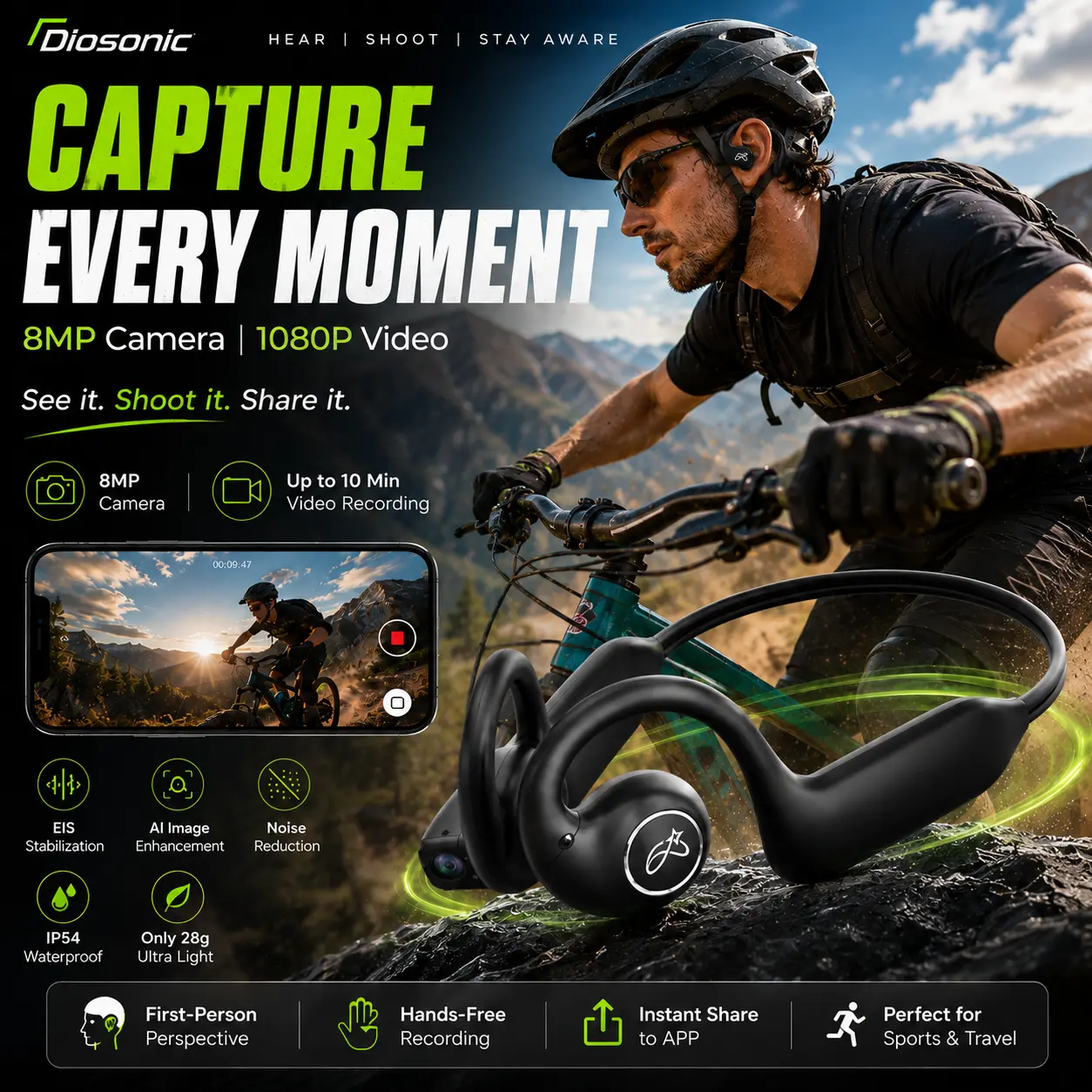 【Tiktokshopstockup】DIOSONIC New AI Smart Camera Headphone - Bluetooth 5.3 Wireless Earbuds with 13MP Camera, 1080P Video, Wi-Fi Transfer, Magnetic Charging, Audio Recording, Instant Connection, IP56 Rated Waterproof Headphones for Cycling Outdoor Sports