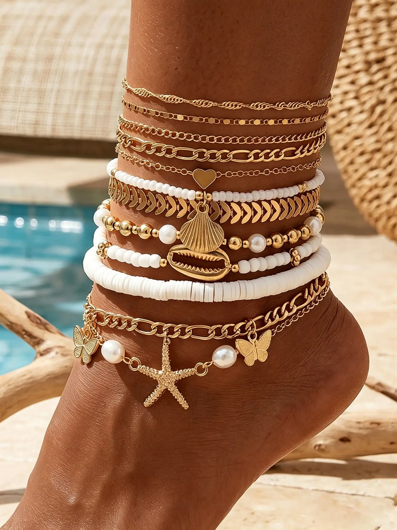 12 Pcs Women's Ankle Bracelet Set, Anklets, Boho Star Shell Butterfly Heart Bead Chain, Casual All Seasons Trendy Fashionable Accessories Jewelry, Perfect for Gifts and Parties