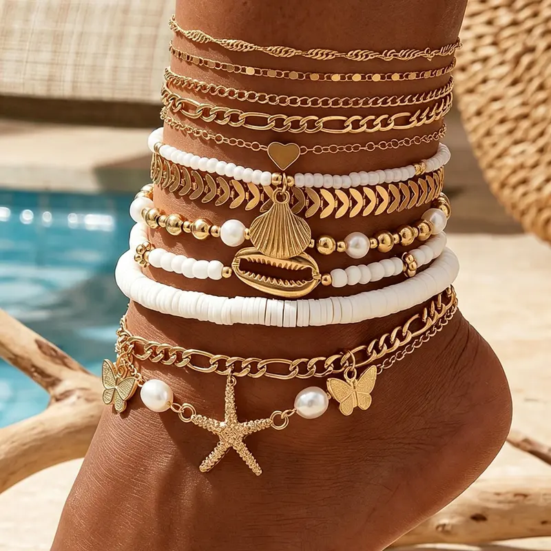 12 Pcs Women's Ankle Bracelet Set, Anklets, Boho Star Shell Butterfly Heart Bead Chain Jewellery, Casual for All Seasons, Perfect for Gifts and Parties