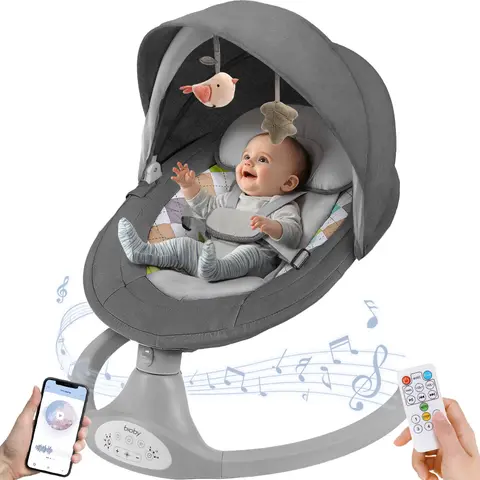 COMOMY Electric Baby Swing & Bouncer (Baby Items) - Swing with Music, 0-6 Months Newborns, 5 Sway Speeds, 10 Songs, Bluetooth, Remote Control, Portable Hands-Free Soother, Arc Shape, Soft Fabric, Washable Cushion