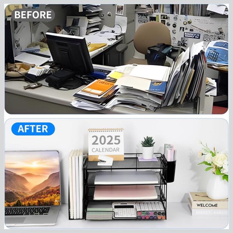 OPNICE Desk Organizer, 4-Tier Desktop File Organizer with Drawer and 2 Pen Holders, Office Desk Accessories, File Sorters, Workspace Organizers for Office Supplies(Black)