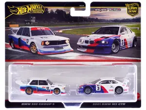 BMW 320 Group 5 #12 White with Stripes and 2001 BMW M3 GTR #3 White w/Stripes "Car Culture" Set Diecast Model Cars by Hot Wheels