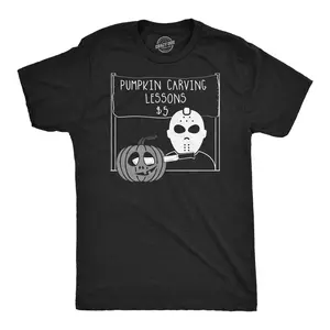 Mens Pumpkin Carving Lessons Horror T Shirt Funny Halloween Shirt for Guys Mens Funny T Shirts Cool Vintage Fashion T-Shirt Gift Classic Menswear Halloween Apparel for Men Novelty Tees for Guys Black -