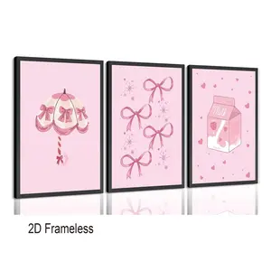 Set of 3: Pink Bow Poster Wall Art, Pink Milk-Style Mural, Cute Preppy-Style Canvas Art. Perfect for living rooms, girls' rooms, and bedrooms. 2D flat, frameless canvas posters.