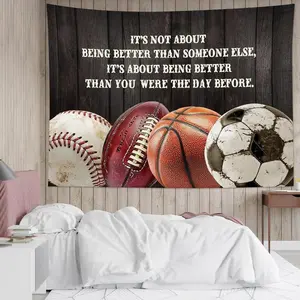 1pc HVEST Sports Tapestry Wall Hanging - Baseball, Football, Basketball & Soccer Design, Rustic Wooden Background, Decor