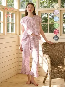 Women's Plaid 2-Piece Pajama Set – Long Sleeve Button Top & Straight Leg Pants, Comfortable Sleepwear Loungewear Womenswear plus size