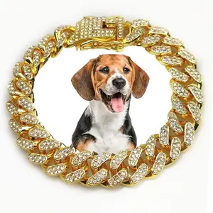 Cuban Link Gold Dog Chain Collar - Designer Metal Necklace Crystal Secure Buckle Stylish Jewelry Accessory for Small, Medium, Large Dogs Cats (Gold, 18 Inch) Diamond Pet Fashionable Chain Necklace