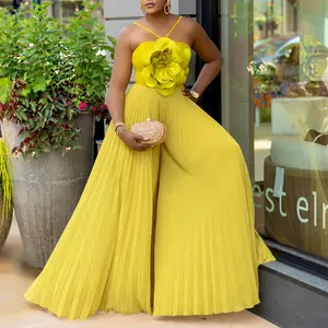 Summer Autumn Women's Yellow Floral Decorate High Waisted Wide Leg Jumpsuits Rompers for Birthday Party Basic Fitted Minimalist Check Light Overalls Womenswear