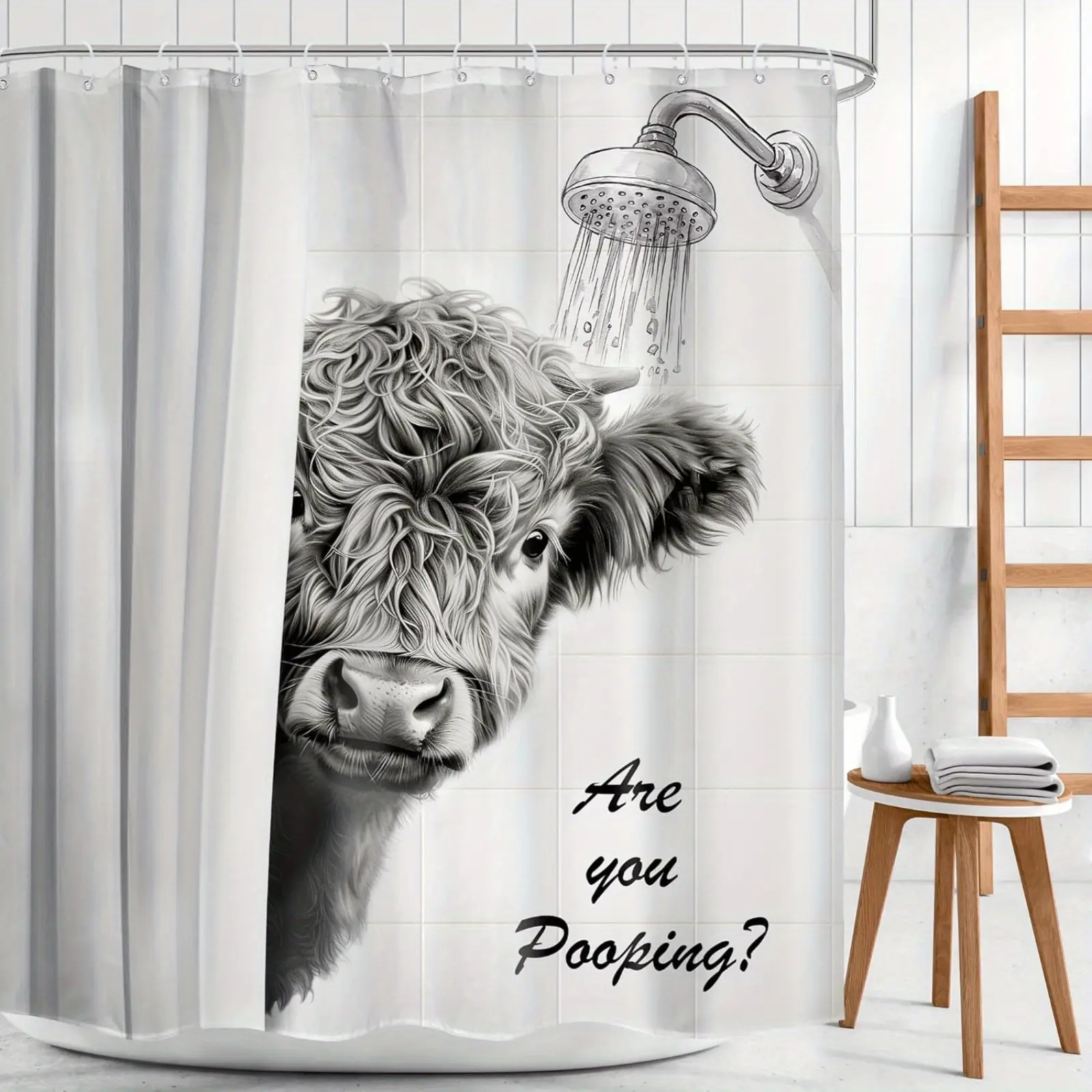 【Summer Vibes】Funny Highland Cow Shower Curtain - "Are You Pooping?" Humorous Bathroom Decor, Rustic Farmhouse Design with Black & White Animal Print & Hooks Included for All-Season Use Bathroom Decor, Playful Text Design, Hooked Installation