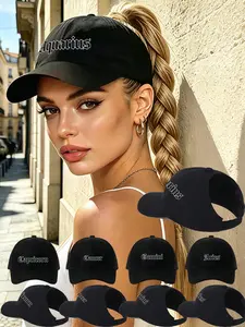 1 Pc Zodiac Print Black Ponytail Casual Baseball Cap, Women's Braid-Friendly Trendy Cool Hat, Multi-Scene Cap For Urban Street Photos/Daily Commutes/Outdoor Light Sports/Girls' Gatherings/Summer Sun Protection