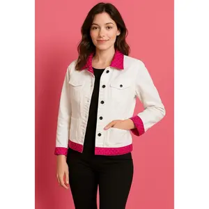 VTG Liz Claiborne White Denim Jacket Sz PS Pink Polka Dot Unique Upcycled Trim