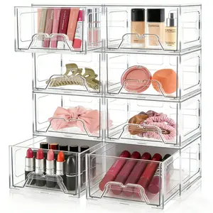 4/8 Pack Makeup Organizer - Clear Stackable Acrylic Drawer Organizer for Vanity, Bathroom, Undersink, Cabinets, Jewelry, Stationary, Plastic Storage Bins for Office Organization and Storage Boxes Kitchen Utensil  Clear-4/8