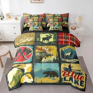 Feelyou 7-Piece Bed Comforter Set - Rustic Farmhouse Cabin Camper Bedding with Duvet Insert, Plaid Sheets, Retro Woodland Deer, Pike Fish Hunting Wildlife Decor