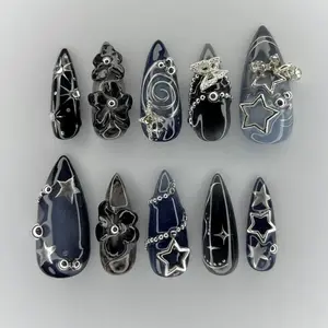 Dark Celestial Press On Nails / Star Galaxy Nails / Black Navy Cosmic Nails / Handmade Glossy Nail Art