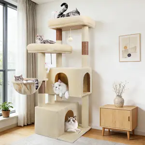 55” Plush Multi-Level Cat Tower | Large Top Perch, Hanging Basket & Easy Assembly