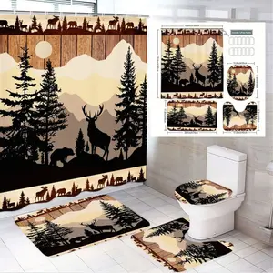 1/4pcs Rustic Nature-Inspired Bathroom Set, Mountain & Pine Tree Shower Curtain Sets with Moon, Deer, Bear, Wooden Plank Background, Matching Bath Mat, Toilet Seat Cover, Decorative Towel - Cozy Outdoorsy Forest Theme for Spring, Summer Home Decor, Camp