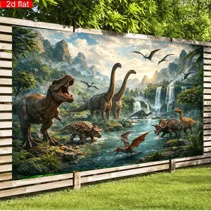 2D 1pc Jurassic Dinosaur Banner, Realistic Prehistoric Jungle Backdrop with Dinosaurs & Waterfalls, Dinosaur Themed Party Supplies for Boys, Photo Booth Background