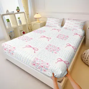 Coquette Pink Bow Floral Fitted Sheet Set,Cute Flower Print Bed Sheet Set,Includes 1 Deep Pocket Fitted Sheet & 2 Pillowcases,Non-Slip Elastic Edge,Soft Breathable Fabric,For Girls Bedroom & Guest Room,Ideal Sweet Gift for Women & Girls