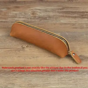 Genuine Leather Pencil Bag Retro Simple Stationery Holder Handmade Pen Case Storage Bag Zipper Pencil Pouch School Supplies Art Materials Office Accessories