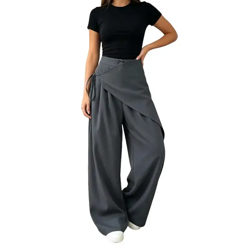 Women's Elegant Wrap Suit Pants, High Waist Wide Leg Bottoms with Adjustable Side Tie for Daily Office Wear, Blouses, Matching, Day, Button, Comfortable, Casual, Drawstring, Fabric, Fashion, Minimalist, Loose Fit, Plain