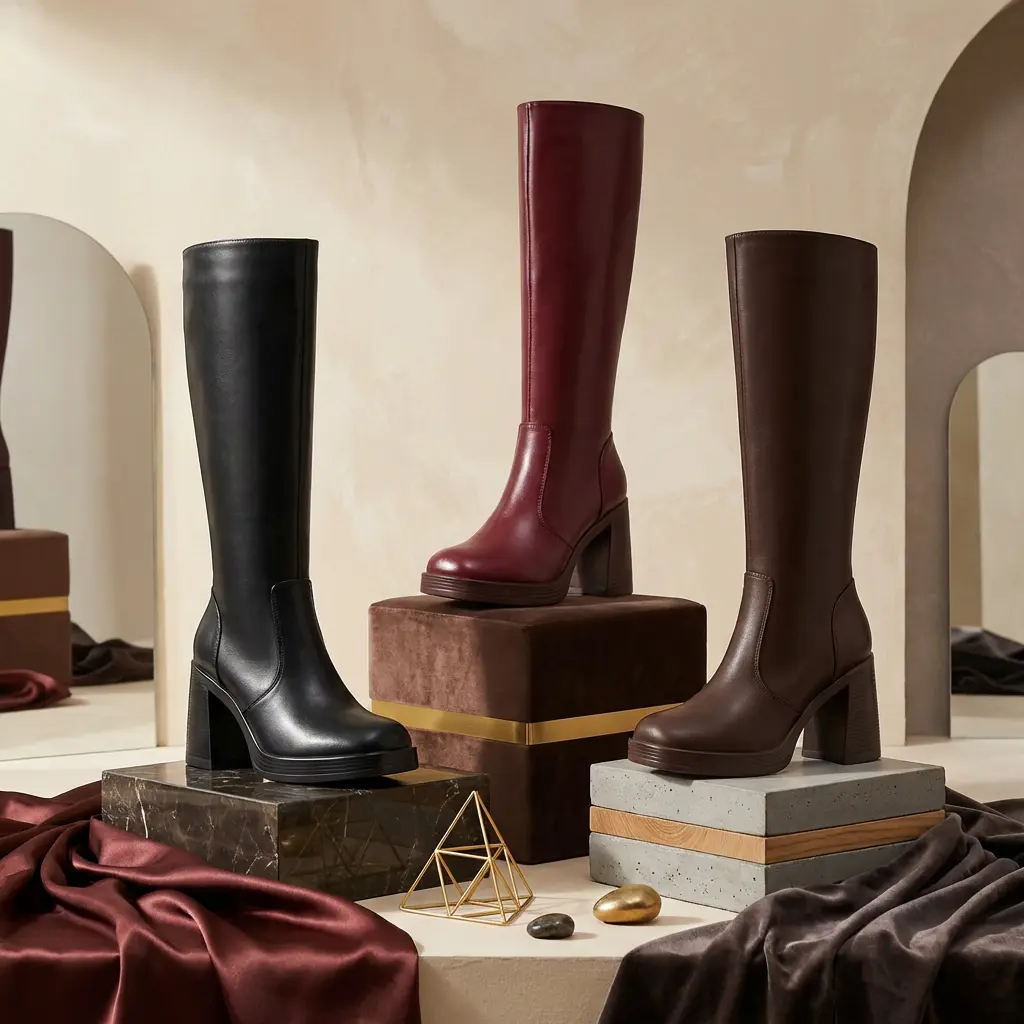 Women's Plain  Knee High Platform Boots - 3.15" Chunky Cuban Heel, PU Leather, Round Toe, Side Zipper, Comfortable Walking Shoes, Footwear, Comfortable Heels, Shoes For Women, Block Heel