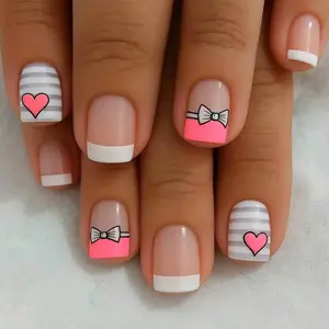 Set of 24 Short Square Fake Nails Press Ons, Striped Design with Bow Heart, Includes Jelly Glue and Nail File, Perfect for Valentine's Day Party