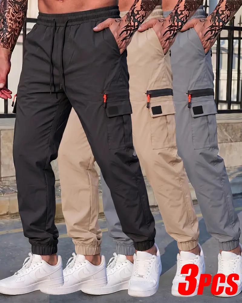 3-Pack Utility Jogger Cargo Pants, Complete Elastic Drawcord Waist, Orange Zip Decor Flap Side Pockets, Lightweight Wrinkle Resist Solid Labor Trousers Multi Pack