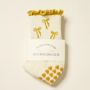 Effortless Club Crew Half Calf Grip Socks, Gold Bow Pilates Socks, The Cutest Non-Slip Socks, Barre Yoga Fitness, Ruffle Socks