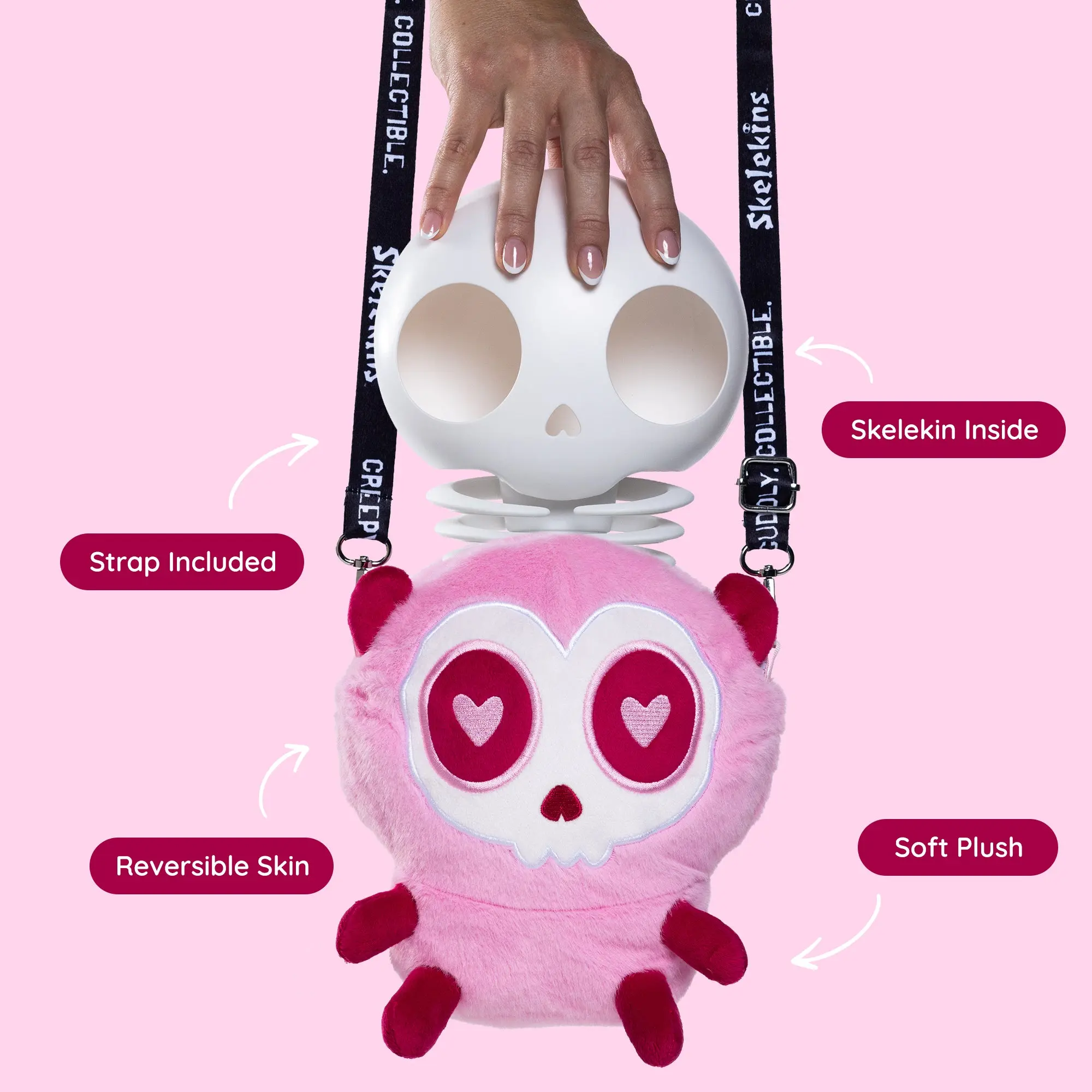 Skelekins Love - Series 1 Collectible Plush | Creepy Cute Skeleton Toy with Reversible Skin, Zip-Off Reveal & Wearable Bag Strap - Sticker Sheet Included, Trendy Gift for Tweens & Collectors
