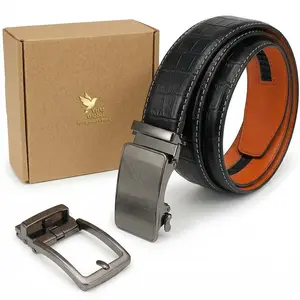 Mens Leather Ratchet Belt Set - Holeless Automatic Buckle Waistband with Luxury 3D Pattern - Adjustable Custom Fit up to 48" - Gift Box for Business Casual Wardrobe Essentials