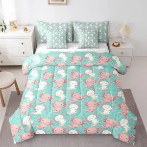 Cute Axolotl 7 Piece Bedding Setsalamander Comforter Bed Set with Sheets,Kawaii Animal Bed Bag,Wildlife Pet Bed Set with 2 Pillowcases