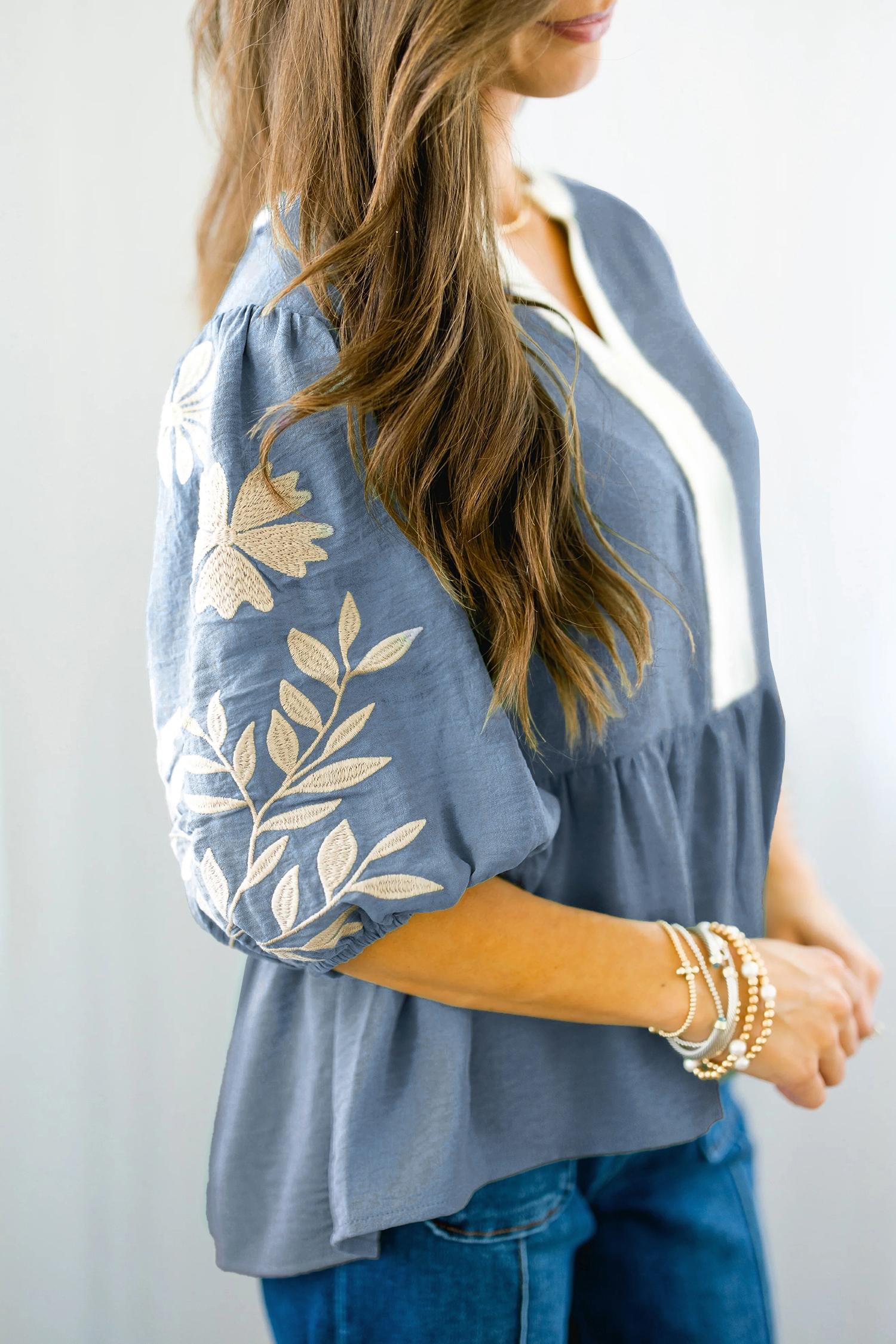 Embroidered Puff Sleeve V Neck Babydoll Blouse for Women, Colorblock Patchwork Casual Top