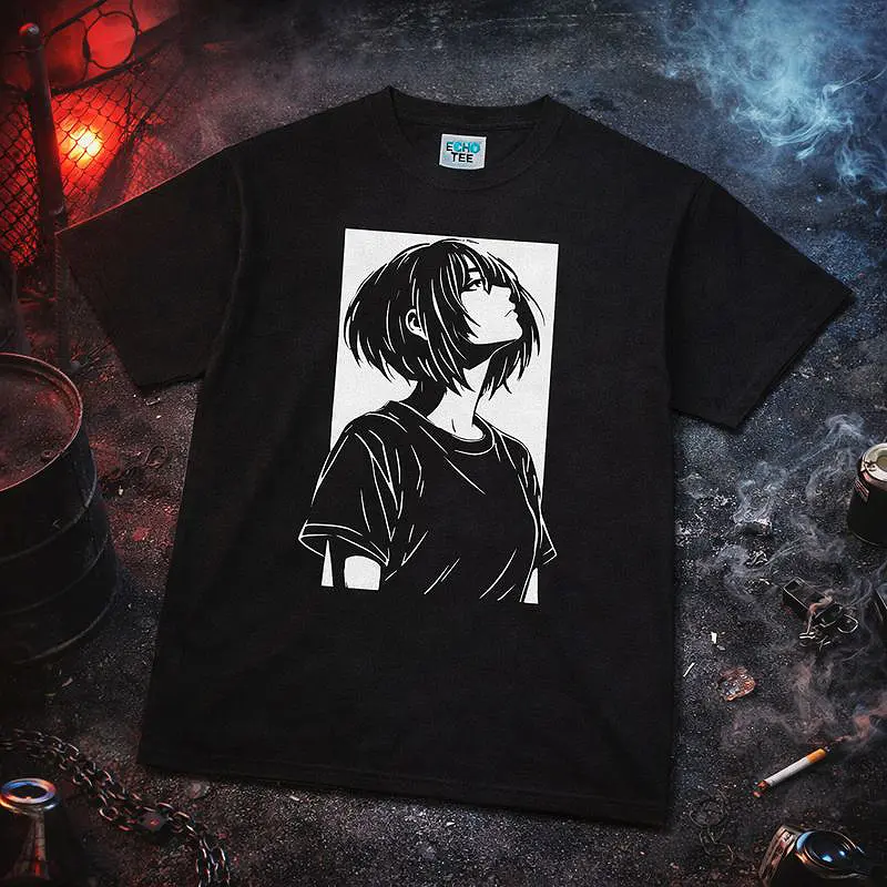 Ultraviolet Soul - Anime Girl Illustration Tee - Monochrome Portrait Shirt