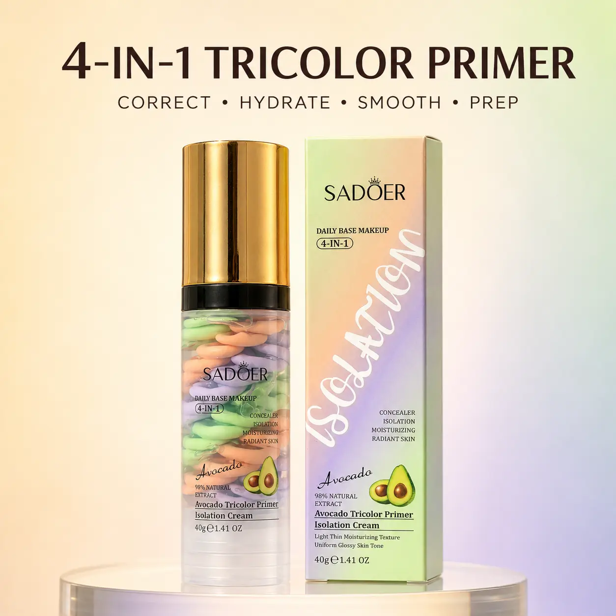 SADOER 4-in-1 Avocado Cream Color Correcting Face Primer - Lightweight Hydration Makeup Base, Pore-Blurring Skin Tone Corrector, Smooth Blend Evenly Finish, 40g