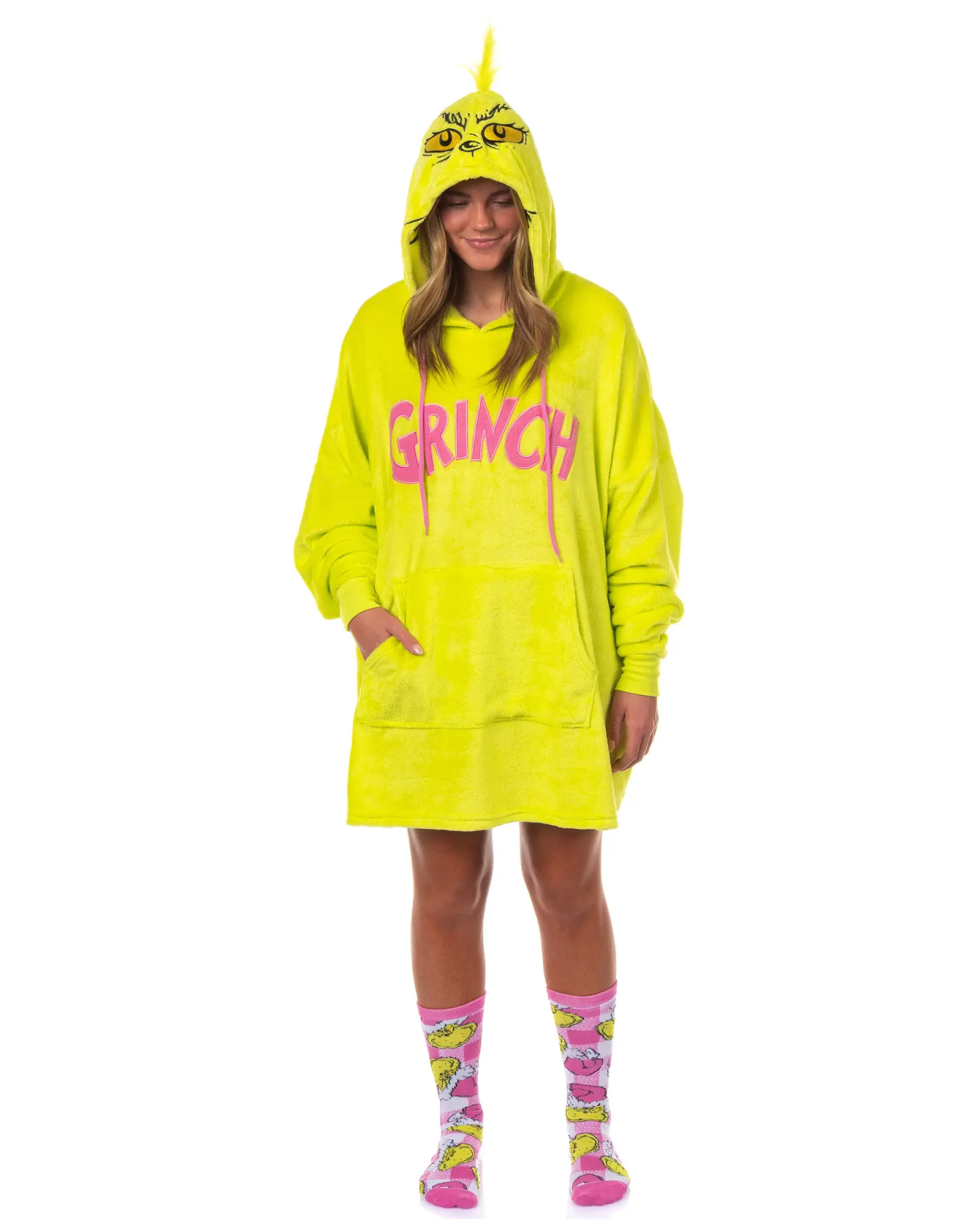 The Grinch Women's Pajamas Pullover Hooded Plush Fleece Dorm Sleep Shirt with Socks