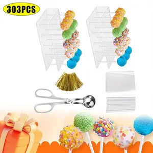 1Set Cake Kit Including 1pc Cake Pop Mold, 2pcs Cake Pop Stands, 100pcs Lollipop Bags, 100pcs Paper Snack Sticks and 100pcs Gold Metal Twist Ties Ideal for a Variety of Occasions